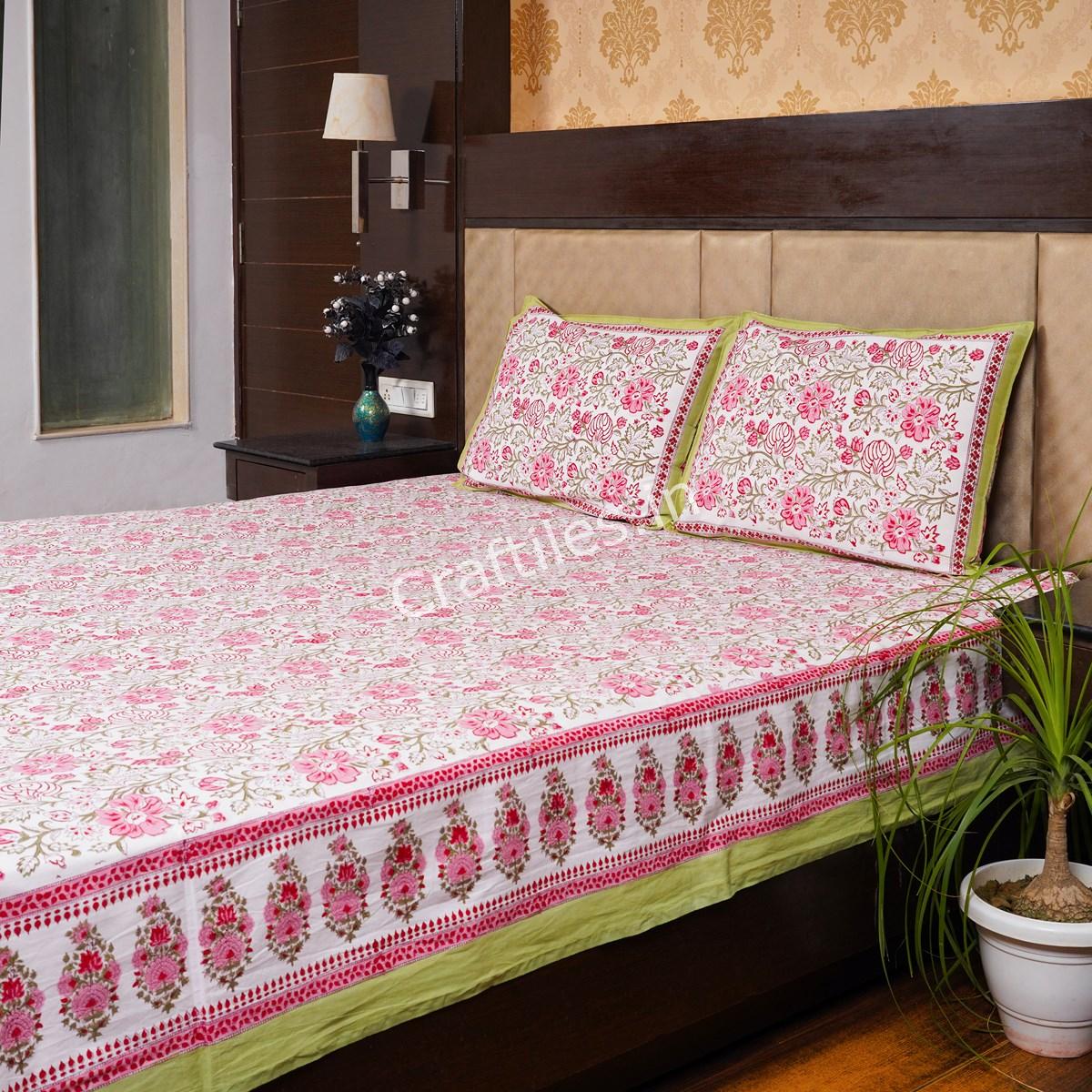 Craftiles® Birla Jaipuri Handblock Printed Cotton Bedsheet with 2 Pillow Covers by Jaipur Dharohar - Green - Image 3