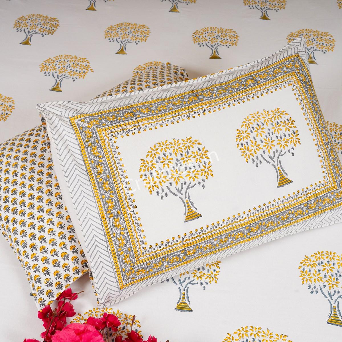 Craftiles® Golden Tree Jaipuri Handblock Printed Cotton Bedsheet with 2 Pillow Covers by Jaipur Dharohar - Yellow - Image 4