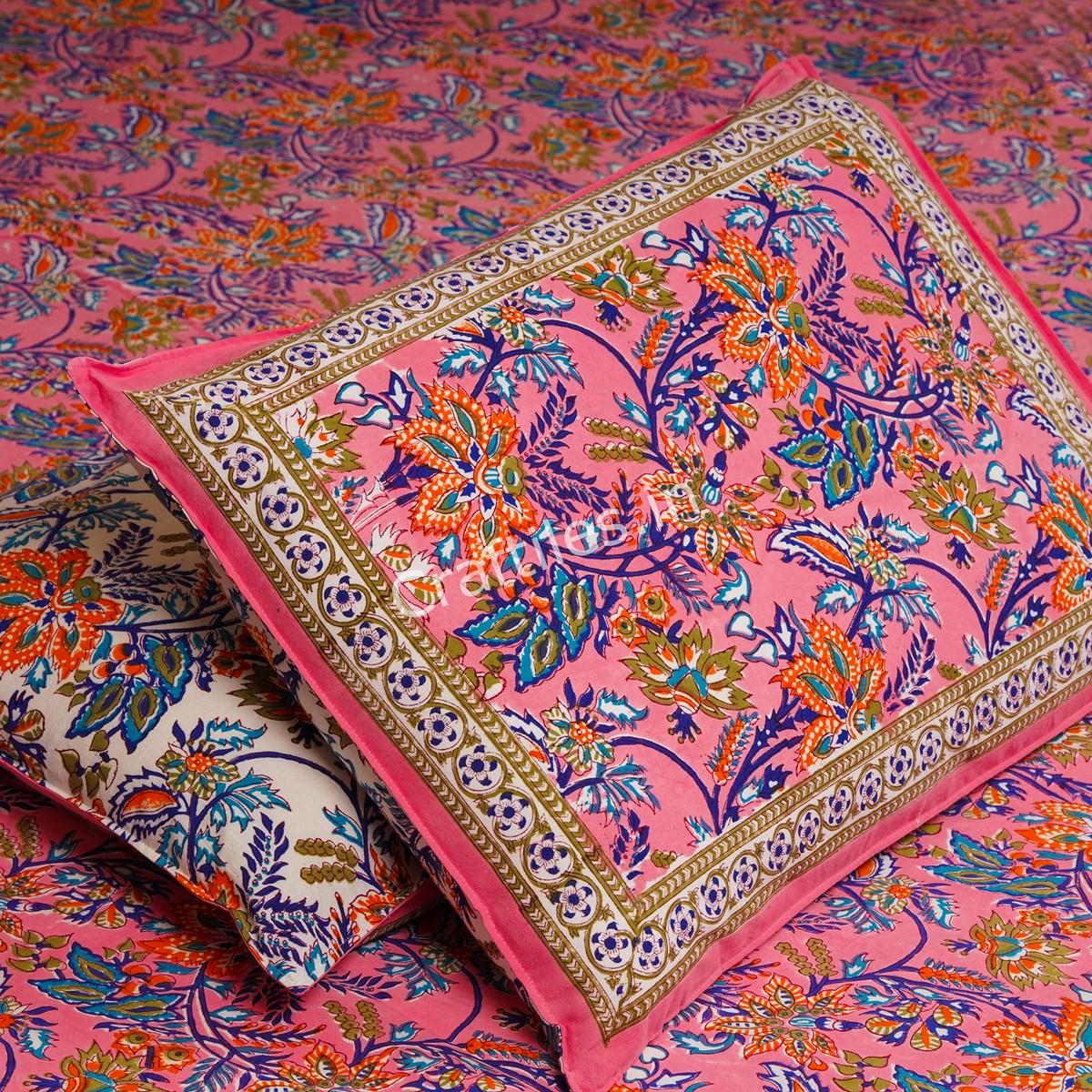Craftiles® BD1115 Pinkcity Jaipuri Handblock Printed Cotton Bedsheet with 2 Pillow Covers by Jaipur Dharohar - Pink
