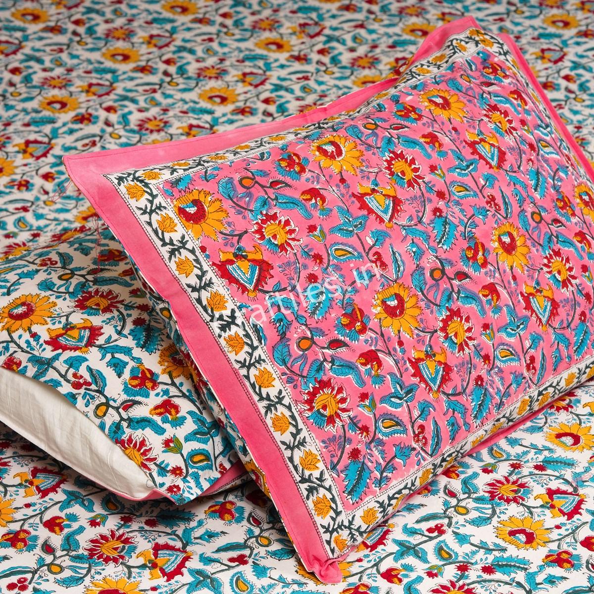 Craftiles® BD1115R Pinkcity Jaipuri Handblock Printed Cotton Bedsheet with 2 Pillow Covers by Jaipur Dharohar - Pink