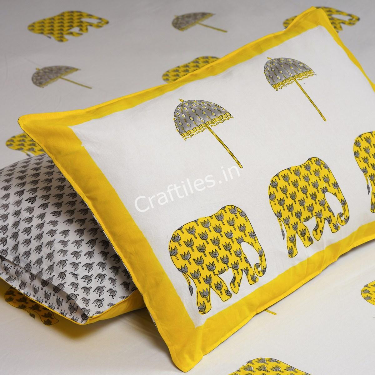 Craftiles® Elephant Boota Jaipuri Handblock Printed Cotton Bedsheet with 2 Pillow Covers by Jaipur Dharohar - Yellow - Image 4