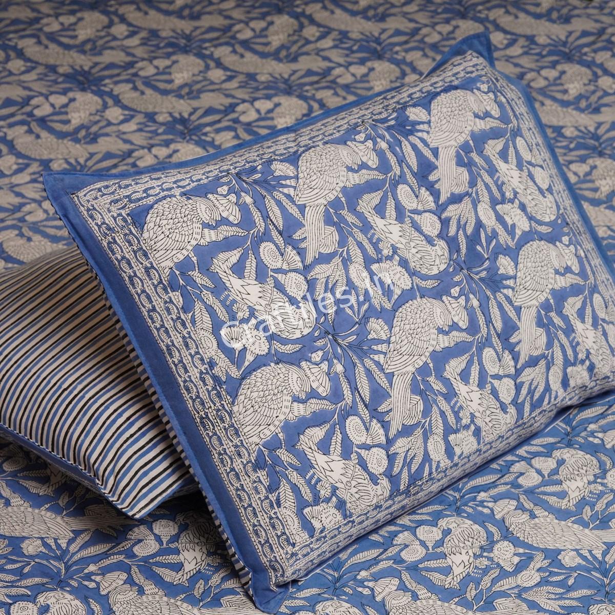 Craftiles® Parrot Boota Jaipuri Handblock Printed Cotton Bedsheet with 2 Pillow Covers by Jaipur Dharohar - Blue - Image 4