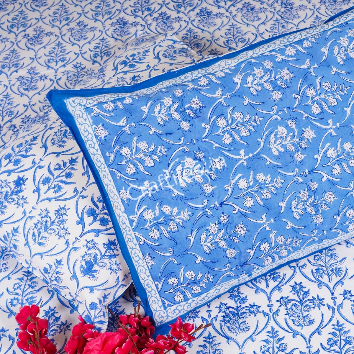 Craftiles® BD1023 Danim Jaipuri Handblock Printed Cotton Bedsheet with 2 Pillow Covers by Jaipur Dharohar - Blue