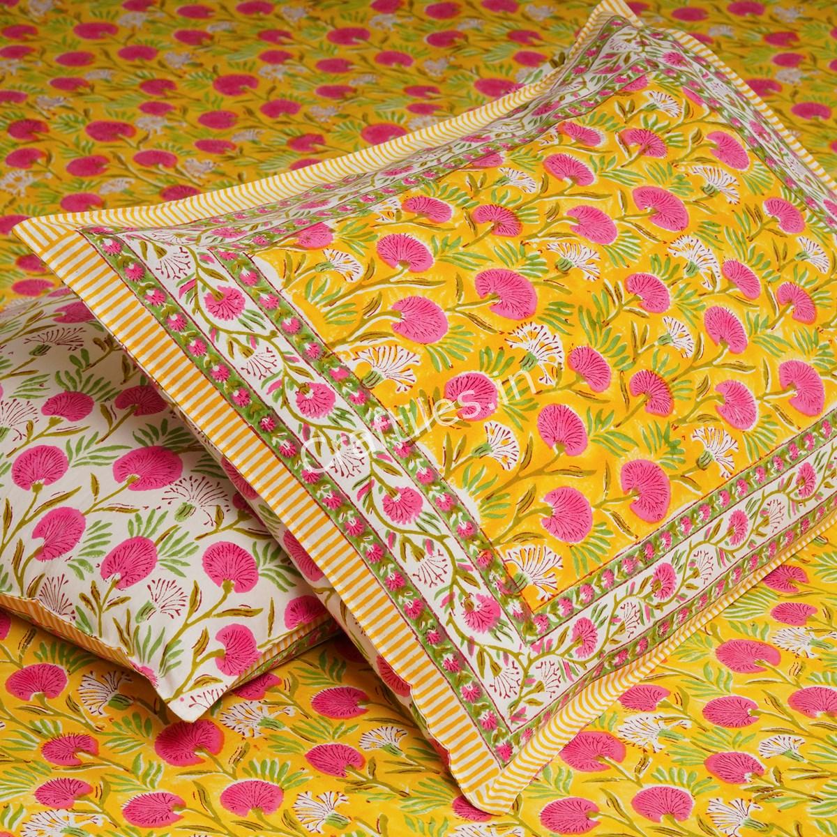 Craftiles®Kashyap Jaipuri Handblock Printed Cotton Bedsheet with 2 Pillow Covers by Jaipur Dharohar - Yellow - Image 4