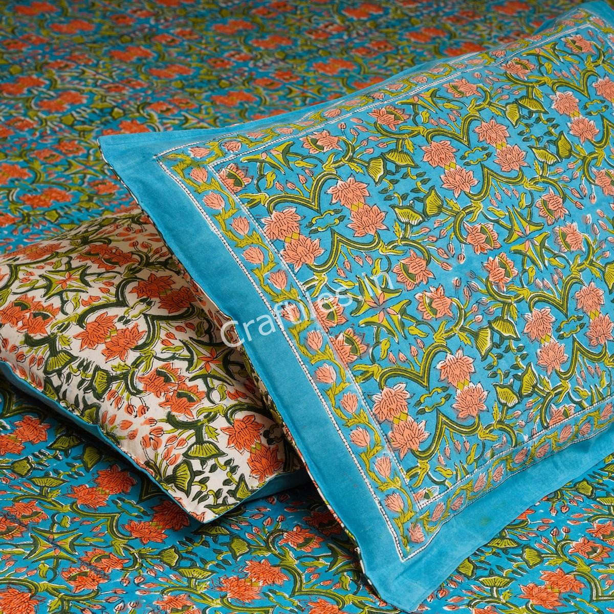Craftiles® Lotus Jaipuri Handblock Printed Cotton Bedsheet with 2 Pillow Covers by Jaipur Dharohar - Green - Image 4