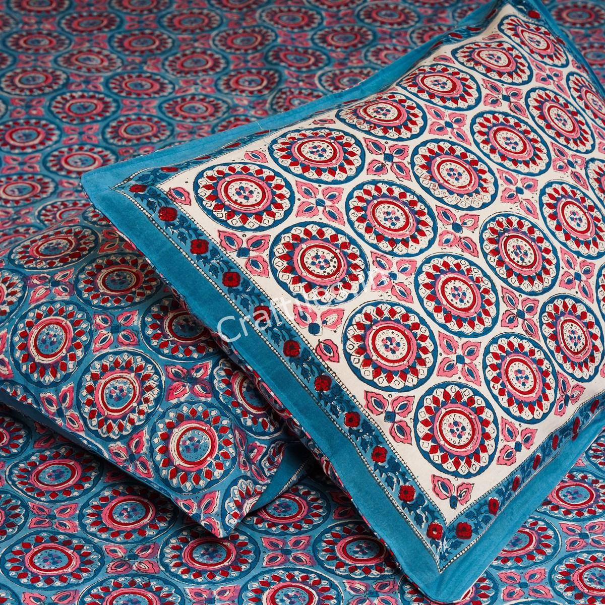 Craftiles® BD1113 Chakri Jaipuri Handblock Printed Cotton Bedsheet with 2 Pillow Covers by Jaipur Dharohar - Blue