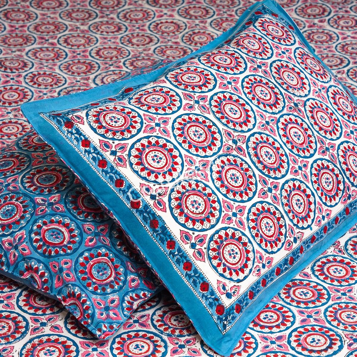 Craftiles® BD1113R Chakri Jaipuri Handblock Printed Cotton Bedsheet with 2 Pillow Covers by Jaipur Dharohar - Blue