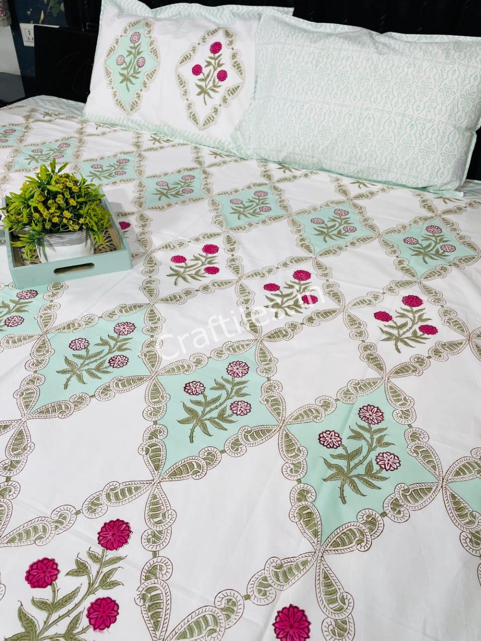 Blue Hand Block Printed Pure Cotton Bedsheet