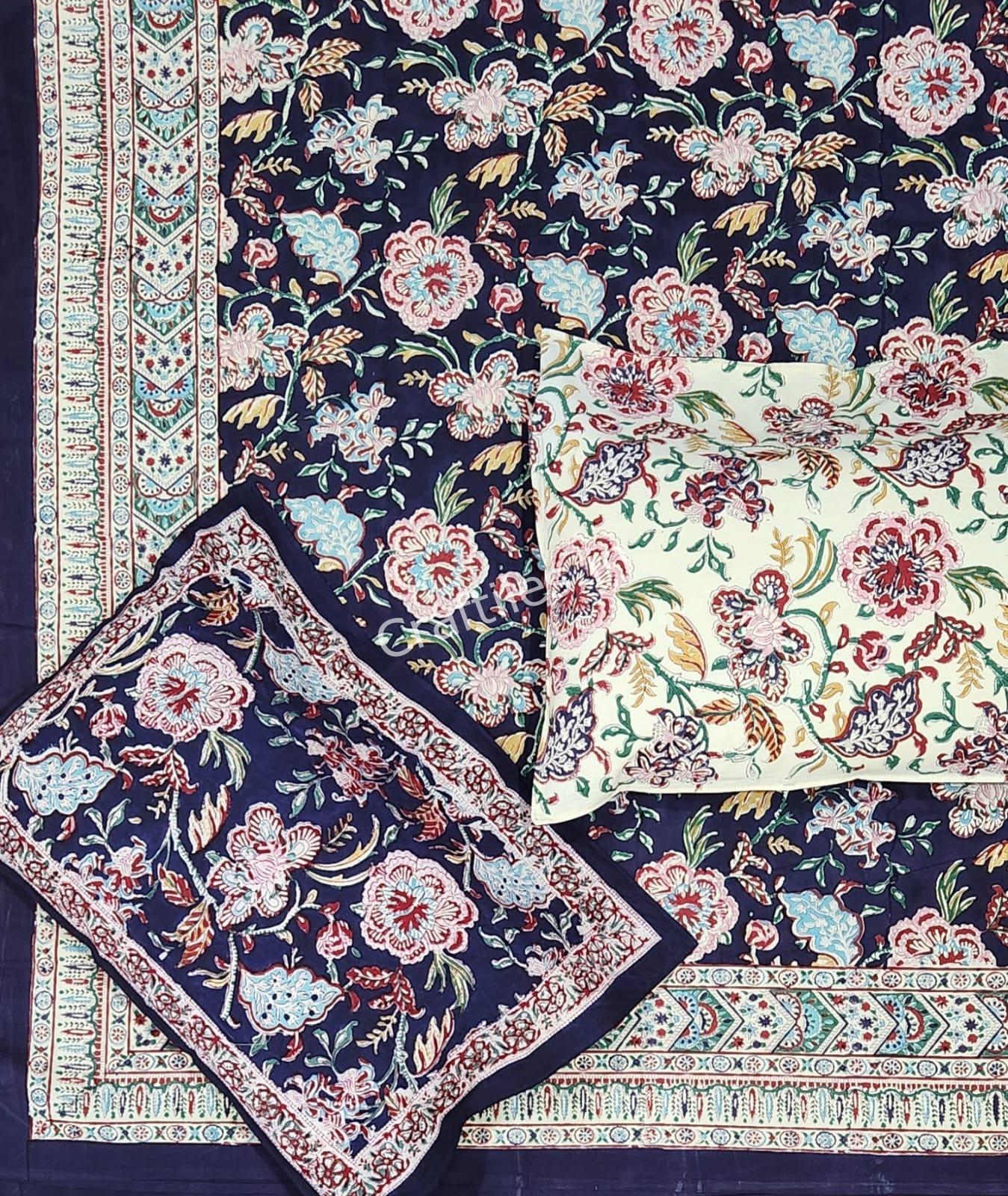 Craftiles® BD1301 Jaipuri Handblock Printed Cotton Bedsheet with 2 Pillow Covers by Jaipur Dharohar