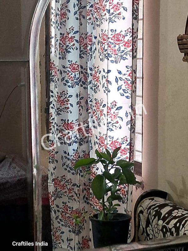 Craftiles® - CT2004 Hand block Printed Cotton Curtain White by Jaipur Dharohar - Free Delivery