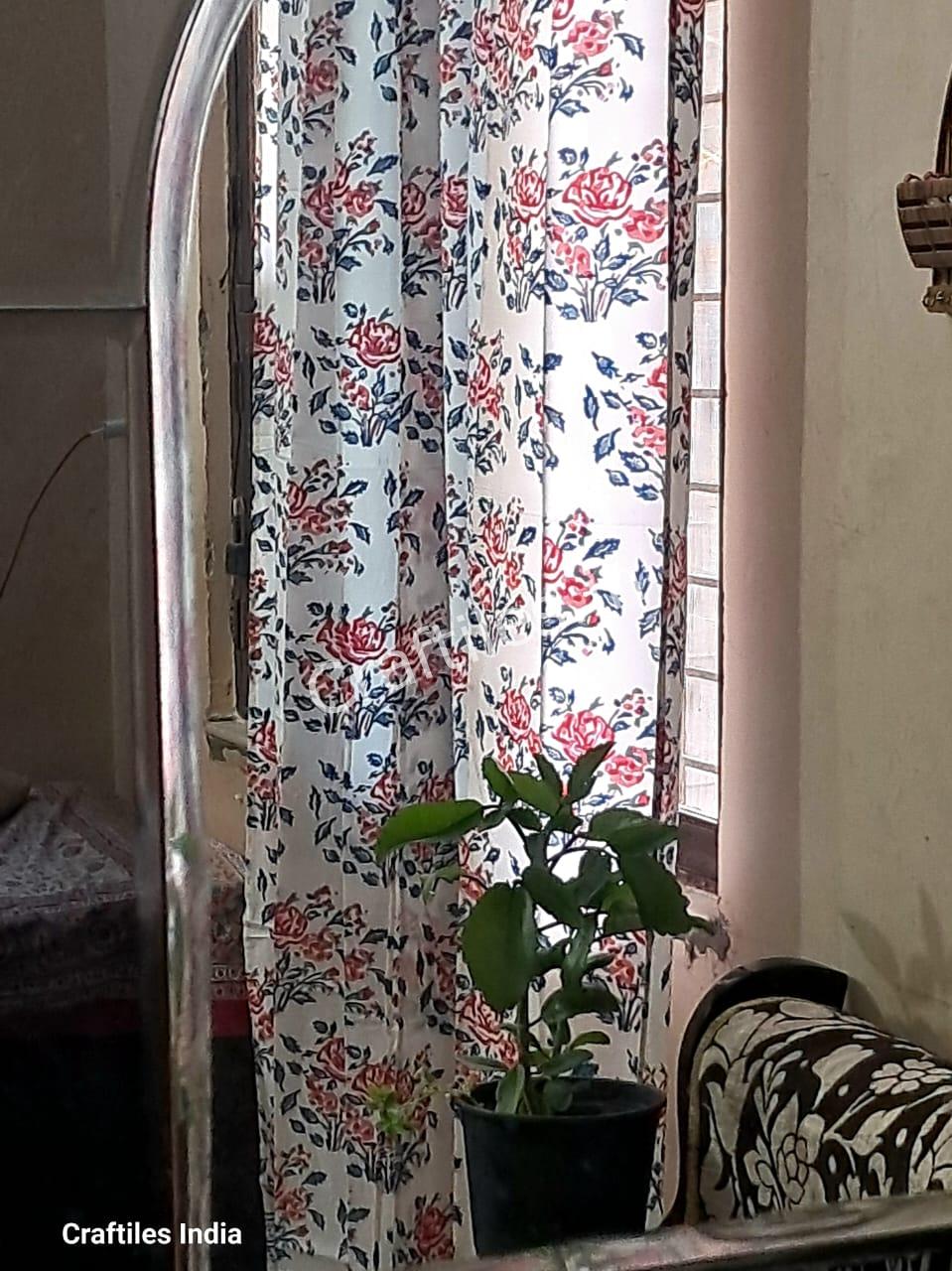 Craftiles® - CT2004 Hand block Printed Cotton Curtain White by Jaipur Dharohar - Free Delivery