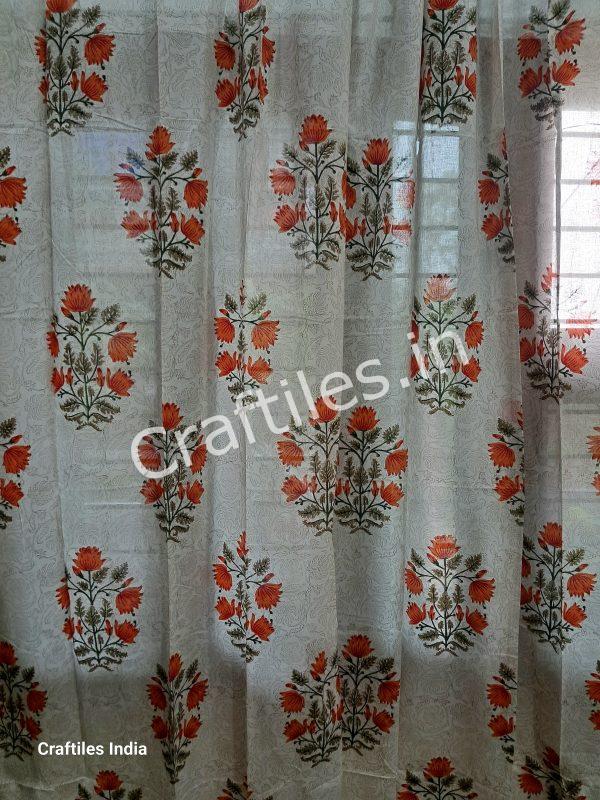 Craftiles® - CT2004 Hand block Printed Cotton Curtain White by Jaipur Dharohar - Free Delivery