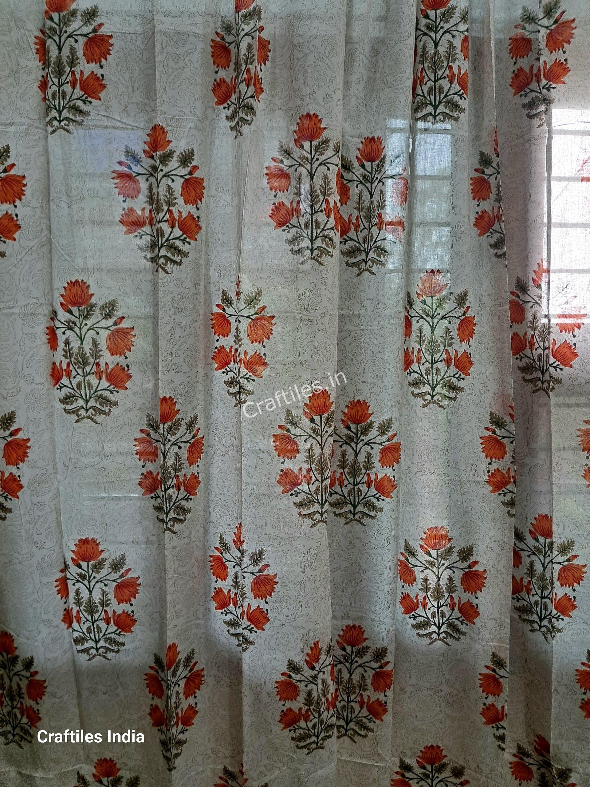 Craftiles® - CT2004 Hand block Printed Cotton Curtain White by Jaipur Dharohar - Free Delivery
