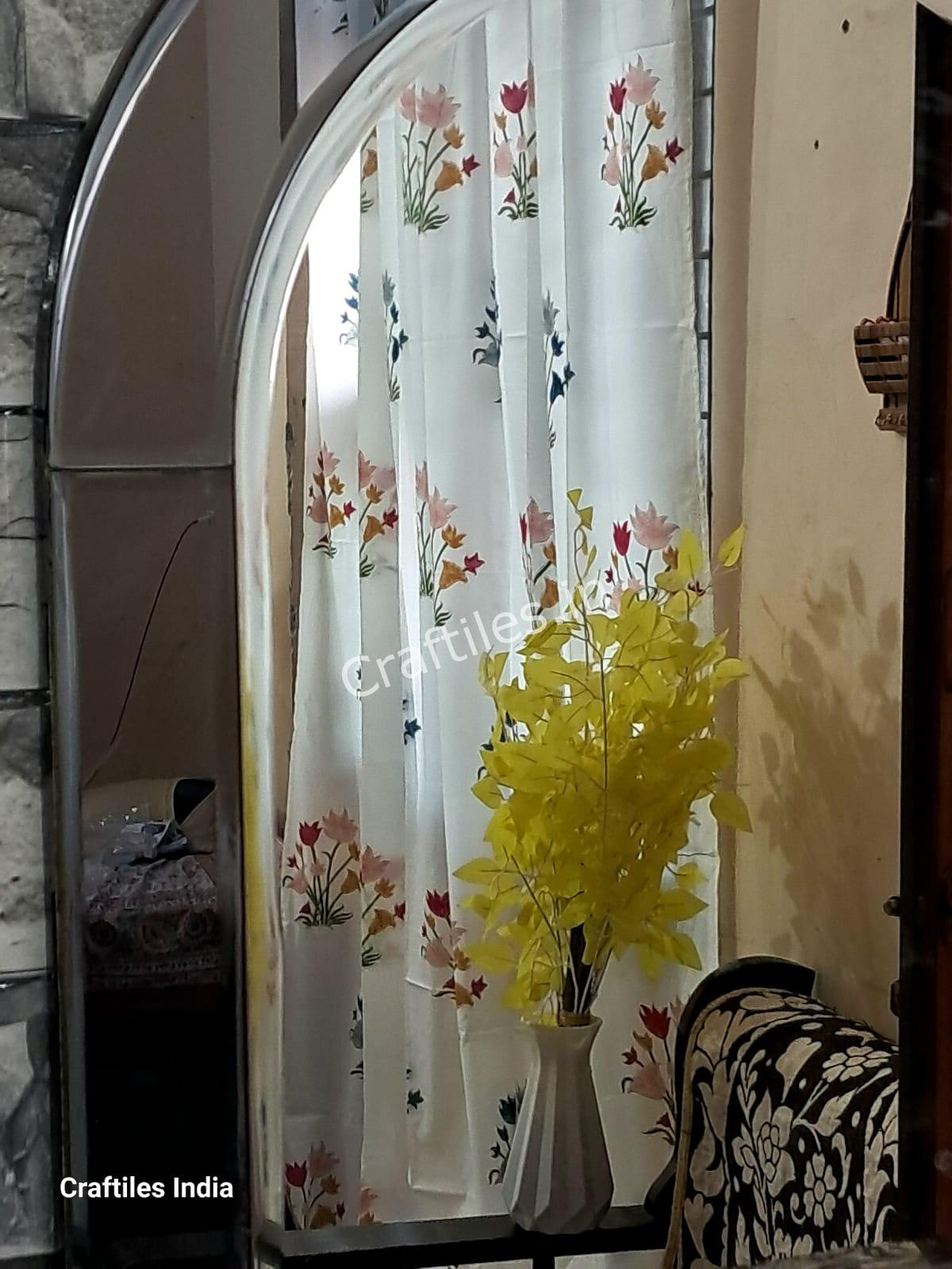 Craftiles® - CT2004 Hand block Printed Cotton Curtain White by Jaipur Dharohar - Free Delivery