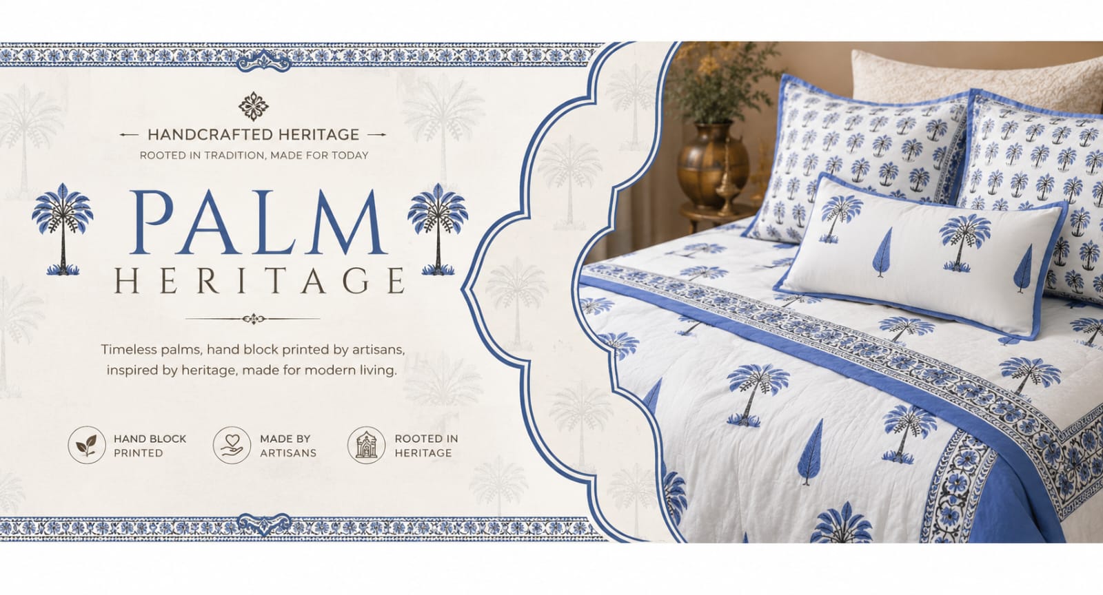6002 Craftiles Palm Heritage - Jaipuri Handblock Printed Quilt / Duvet by Jaipurdharohar - Blue