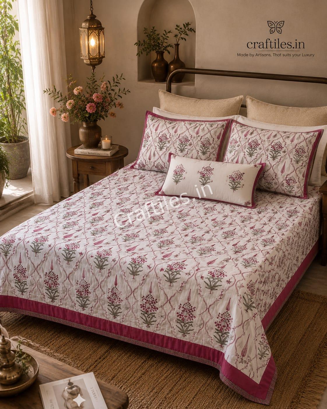 BD6001 Craftiles Vatika - Jaipuri Handblock Printed Bedsheet by Jaipurdharohar - Pink
