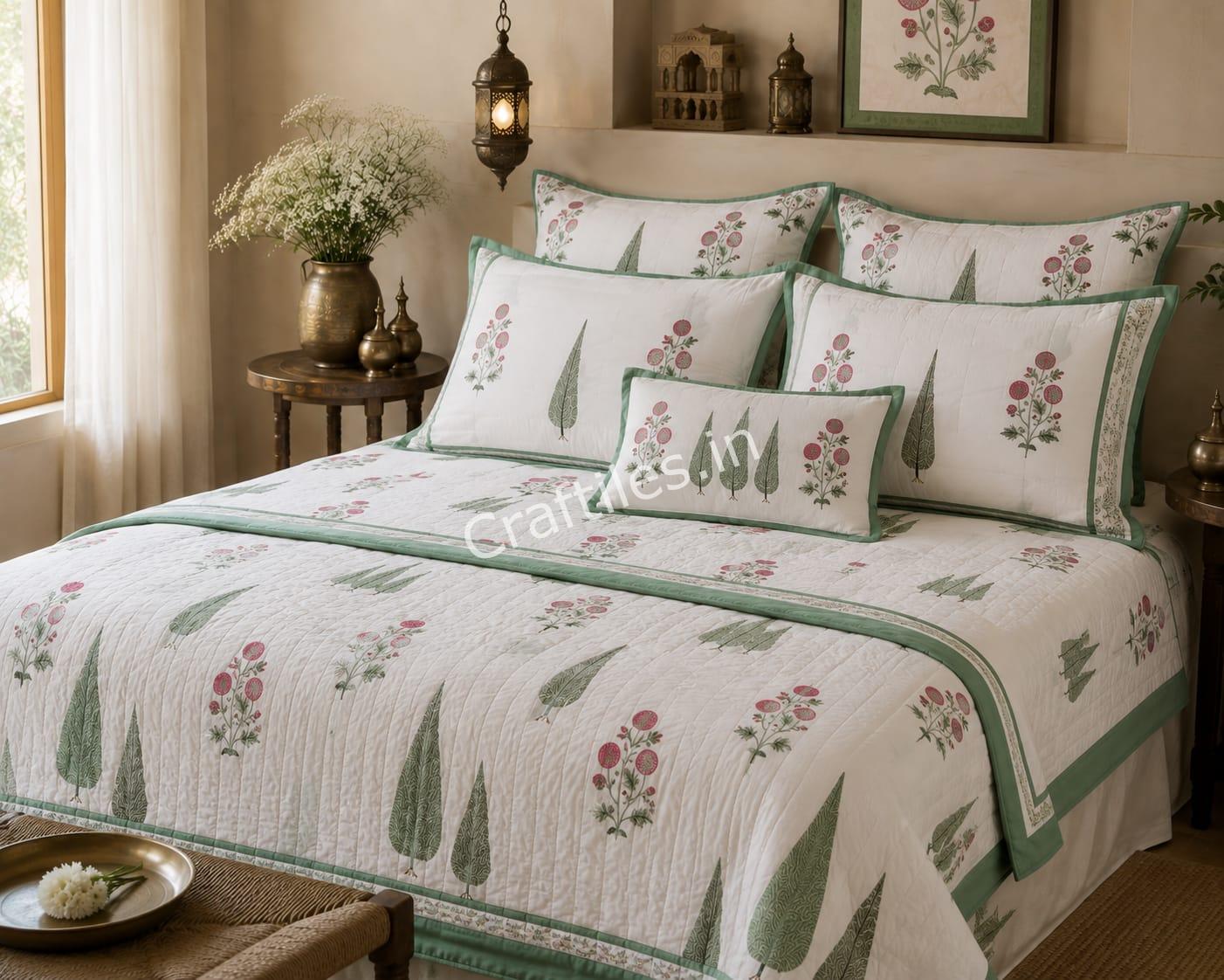 QL6003 Craftiles Chinarvan - Jaipuri Handblock Printed Quilt / Duvet by Jaipurdharohar - Green