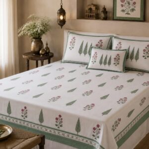 BD6003 Craftiles Chinarvan - Jaipuri Handblock Printed Bedsheet by Jaipurdharohar - Green