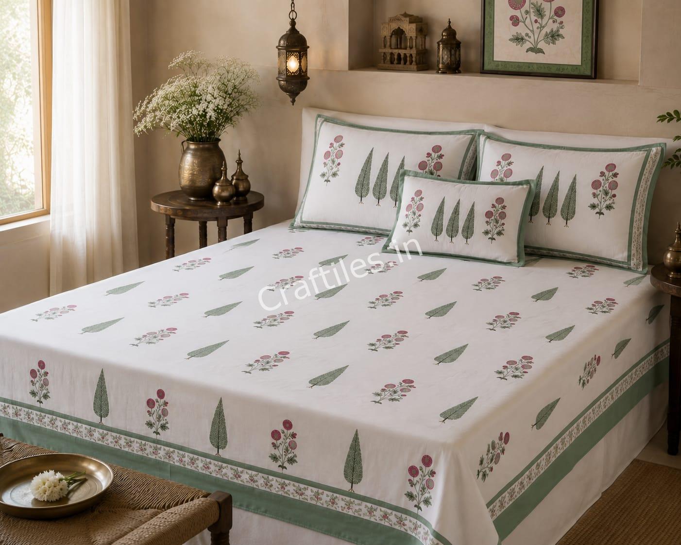 BD6003 Craftiles Chinarvan - Jaipuri Handblock Printed Bedsheet by Jaipurdharohar - Green