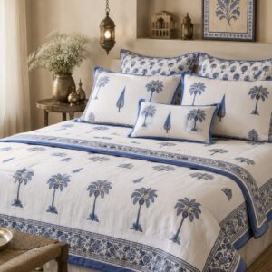 QL6002 Craftiles Palm Heritage - Jaipuri Handblock Printed Quilt / Duvet by Jaipurdharohar - Blue