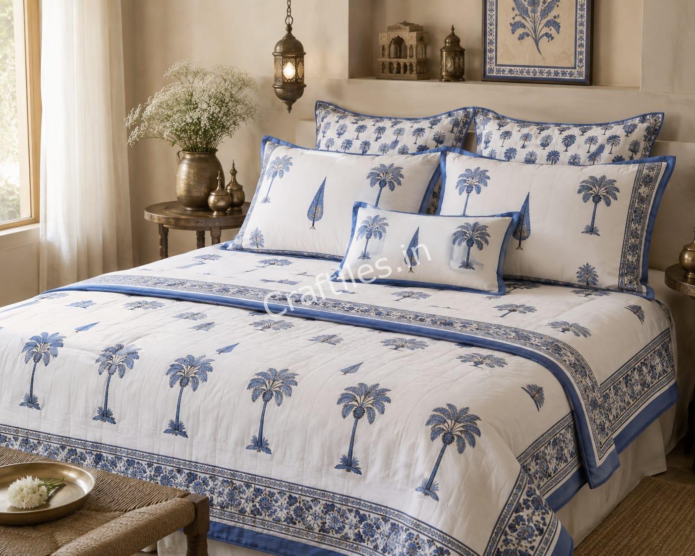 QL6002 Craftiles Palm Heritage - Jaipuri Handblock Printed Quilt / Duvet by Jaipurdharohar - Blue