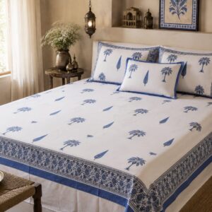 BD6002 Craftiles Palm Heritage - Jaipuri Handblock Printed Bedsheet by Jaipurdharohar - Blue