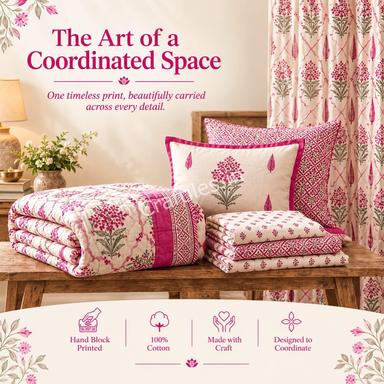 CD6001 Craftiles Vatika - Jaipuri Handblock Printed Quilt / Duvet by Jaipurdharohar - Pink